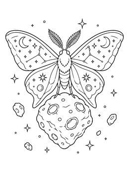 Free printable Cosmic Moth On Floating Asteroid coloring page