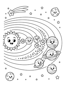 Free printable Cute Solar System With Smiling Planets coloring page