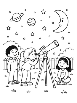 Free printable Kids Stargazing With Backyard Telescope coloring page