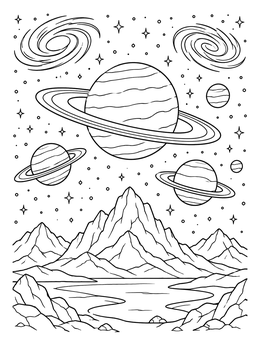 Free printable Ringed Planets Over Alien Mountains coloring page