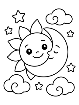 Free printable Smiling Sun And Crescent Moon coloring page