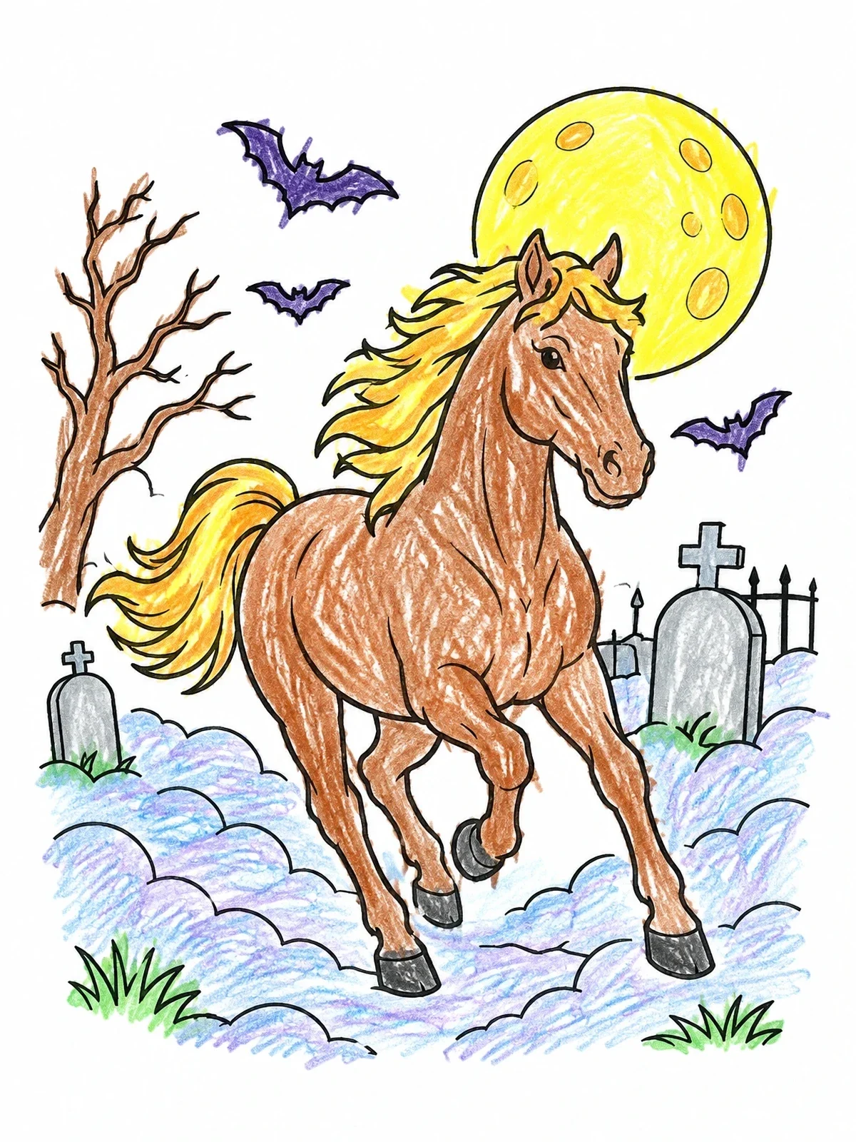 Colored example of the Galloping Horse On Halloween Night coloring page