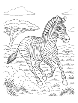 A dynamic zebra coloring page galloping across the African savanna kick up dust.