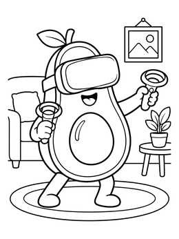 A happy avocado coloring page featuring VR goggles and hand controllers in a living room.