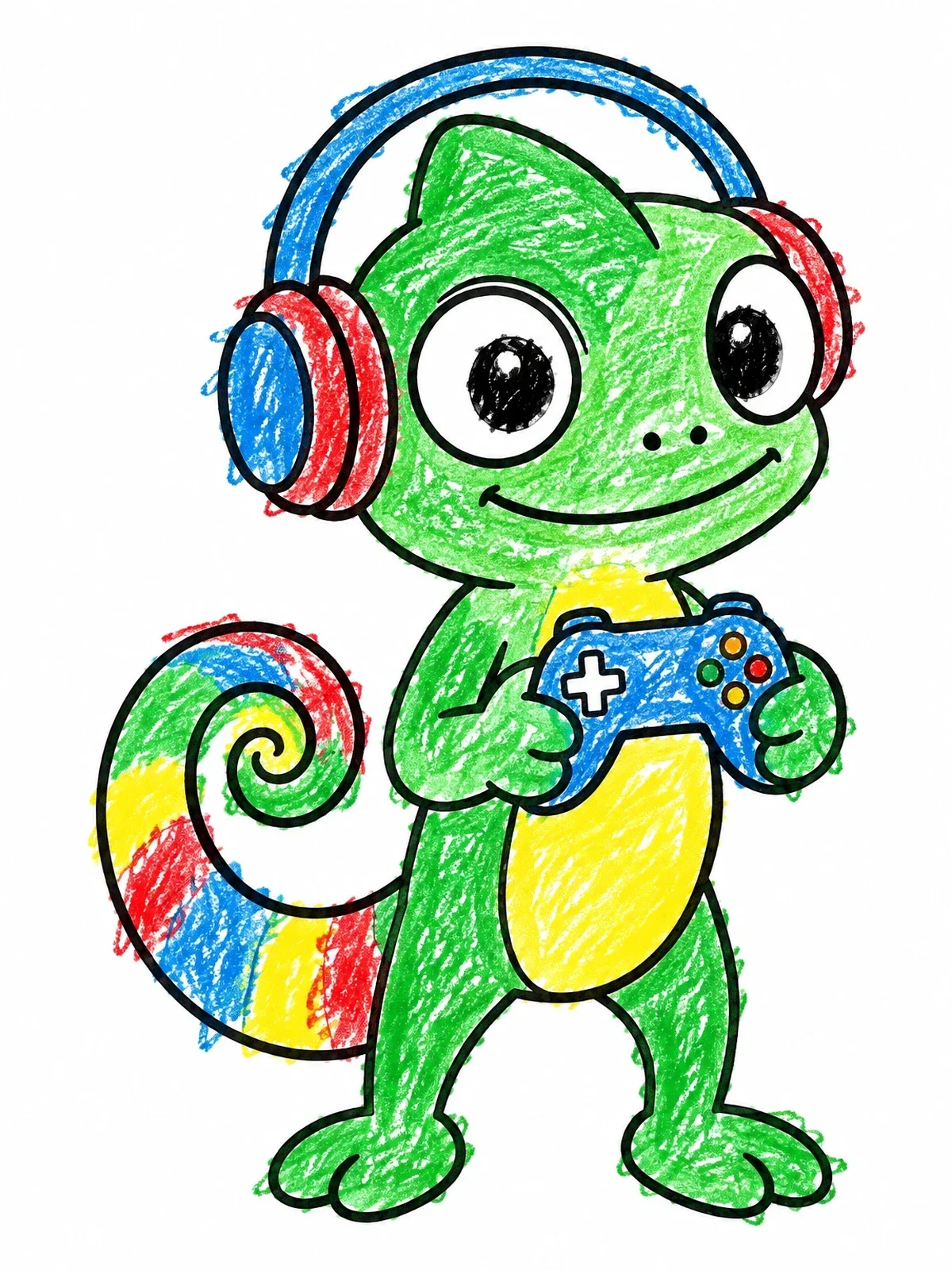 Colored example of the Gamer Chameleon With Headphones And Controller coloring page