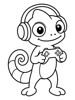 A cute chameleon coloring page featuring a reptile gamer wearing headphones and holding a controller.