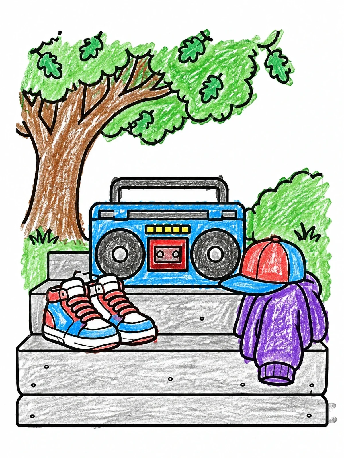 Colored example of the Boombox And Sneakers In The Park coloring page