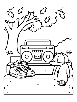 Free printable Boombox And Sneakers In The Park coloring page