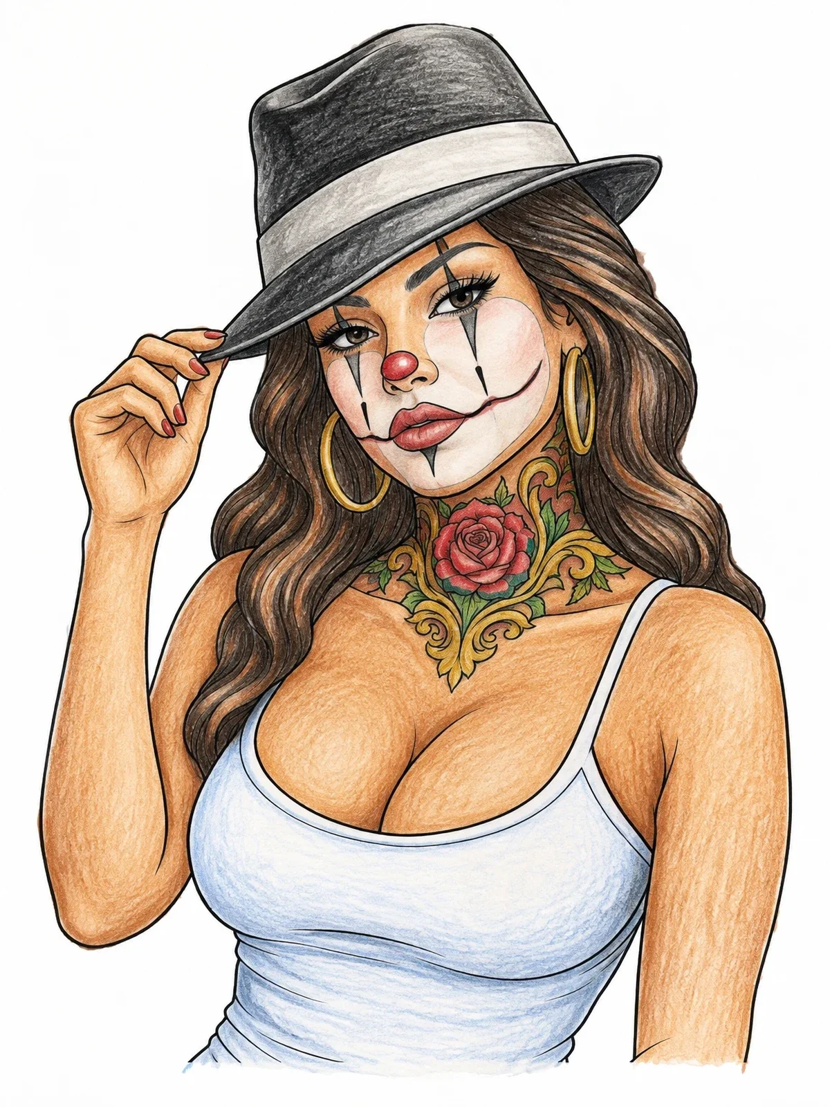 Colored example of the Chicano Clown Girl With Fedora coloring page
