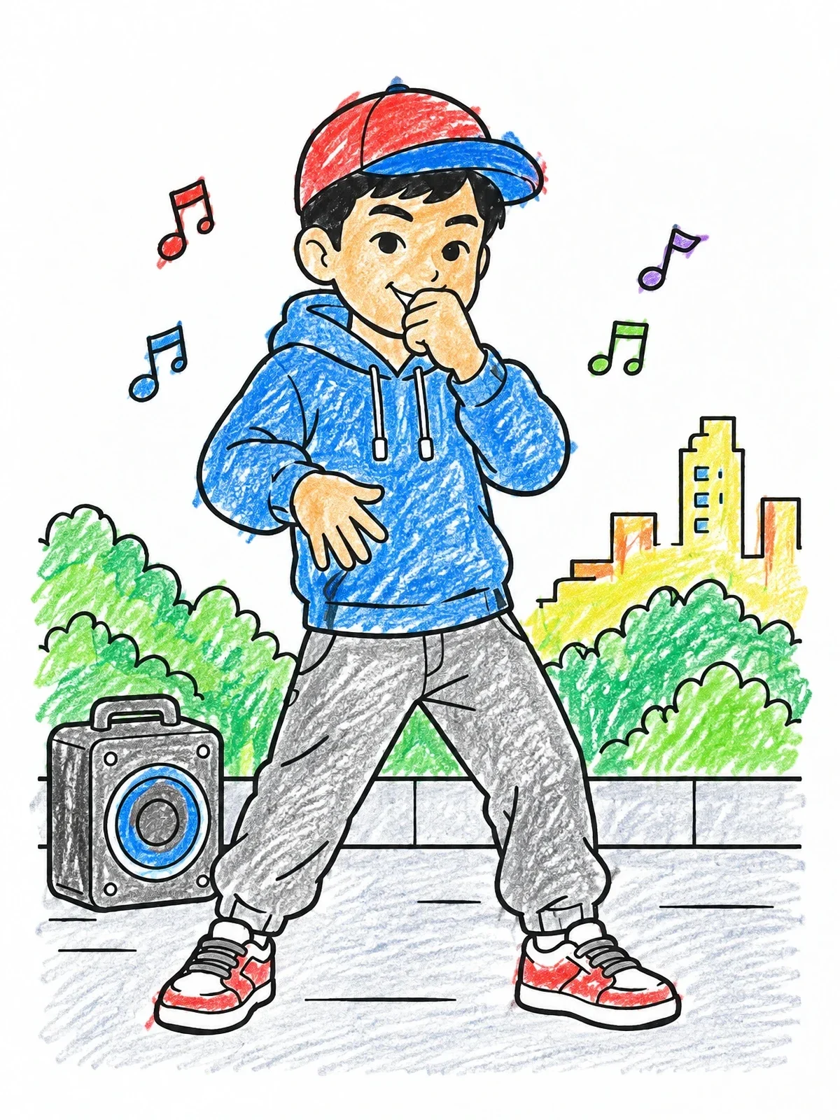 Colored example of the Cool Beatboxing Boy On Street coloring page