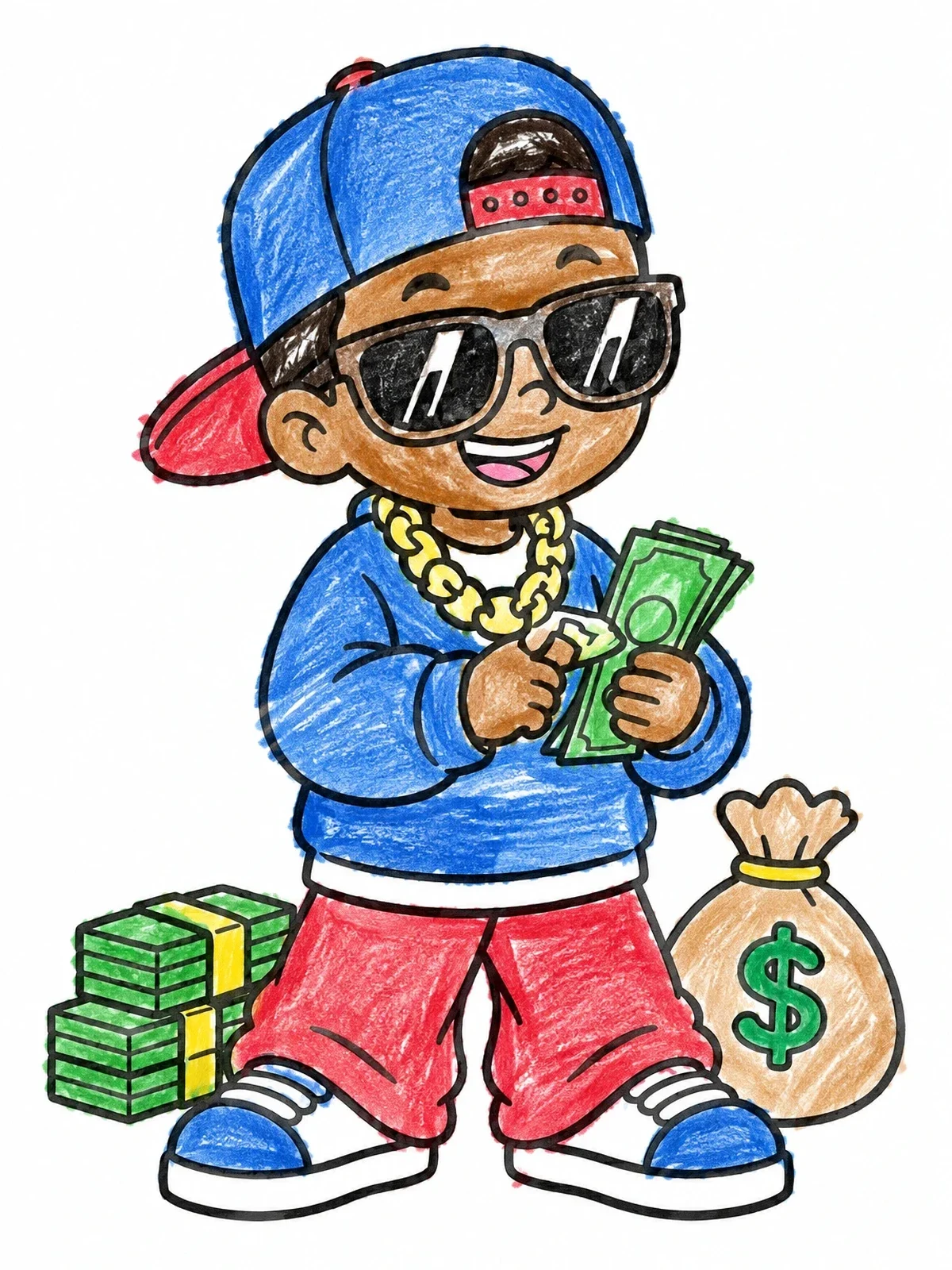 Colored example of the Cool Hip Hop Kid With Stacks Of Cash coloring page