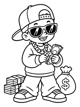 Free printable Cool Hip Hop Kid With Stacks Of Cash coloring page