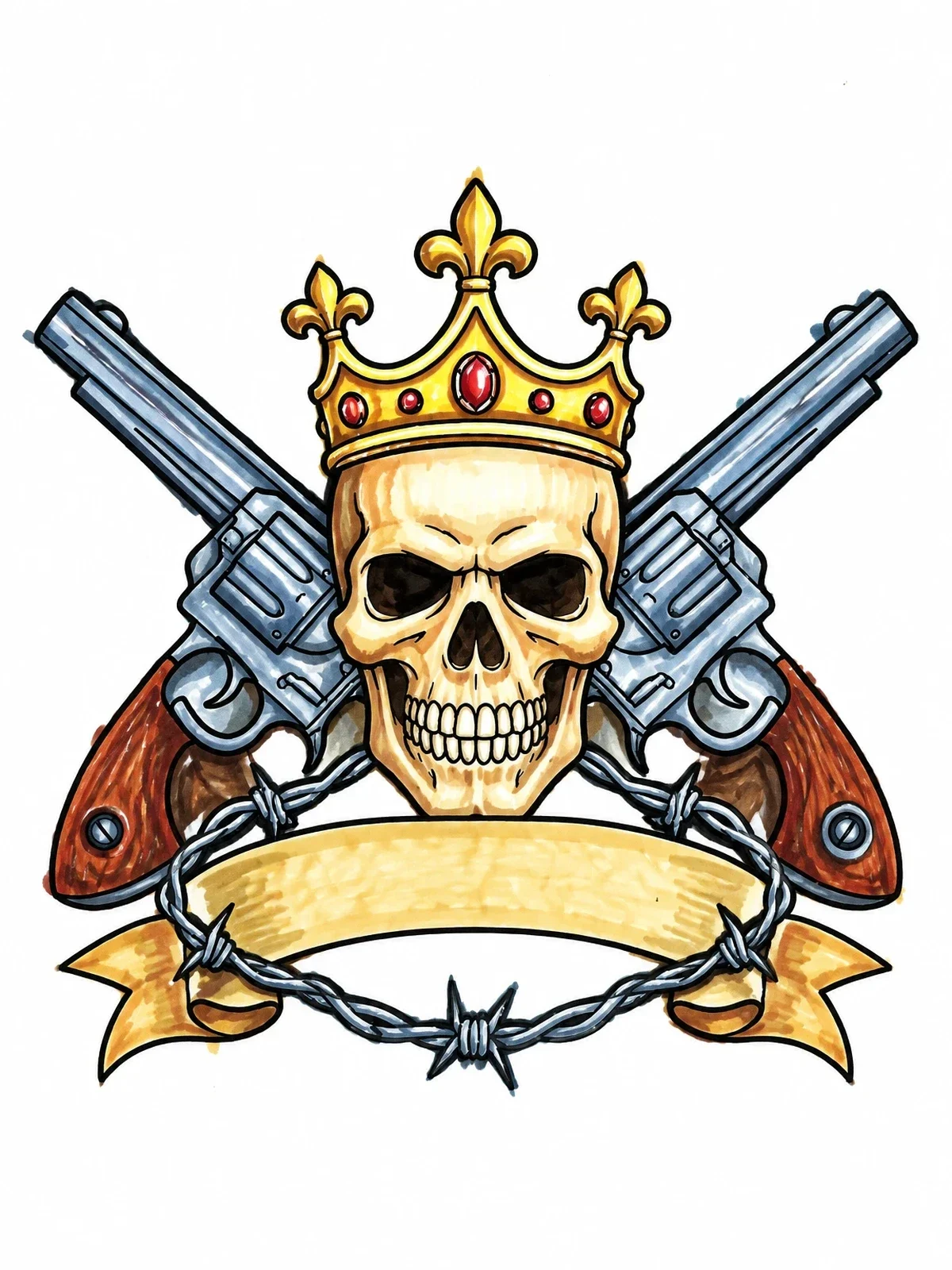 Colored example of the Crowned Skull With Crossed Revolvers coloring page