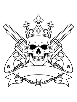 Free printable Crowned Skull With Crossed Revolvers coloring page