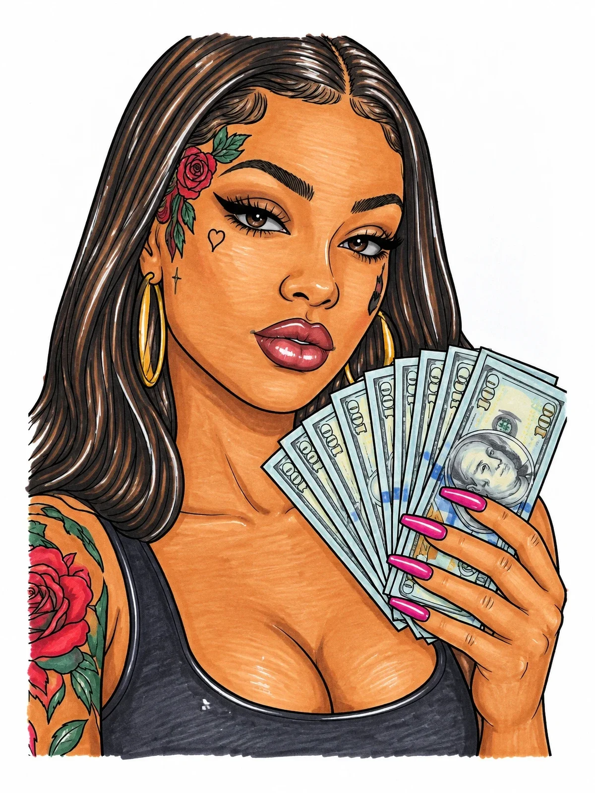 Colored example of the Glamour Street Style Portrait With Cash coloring page