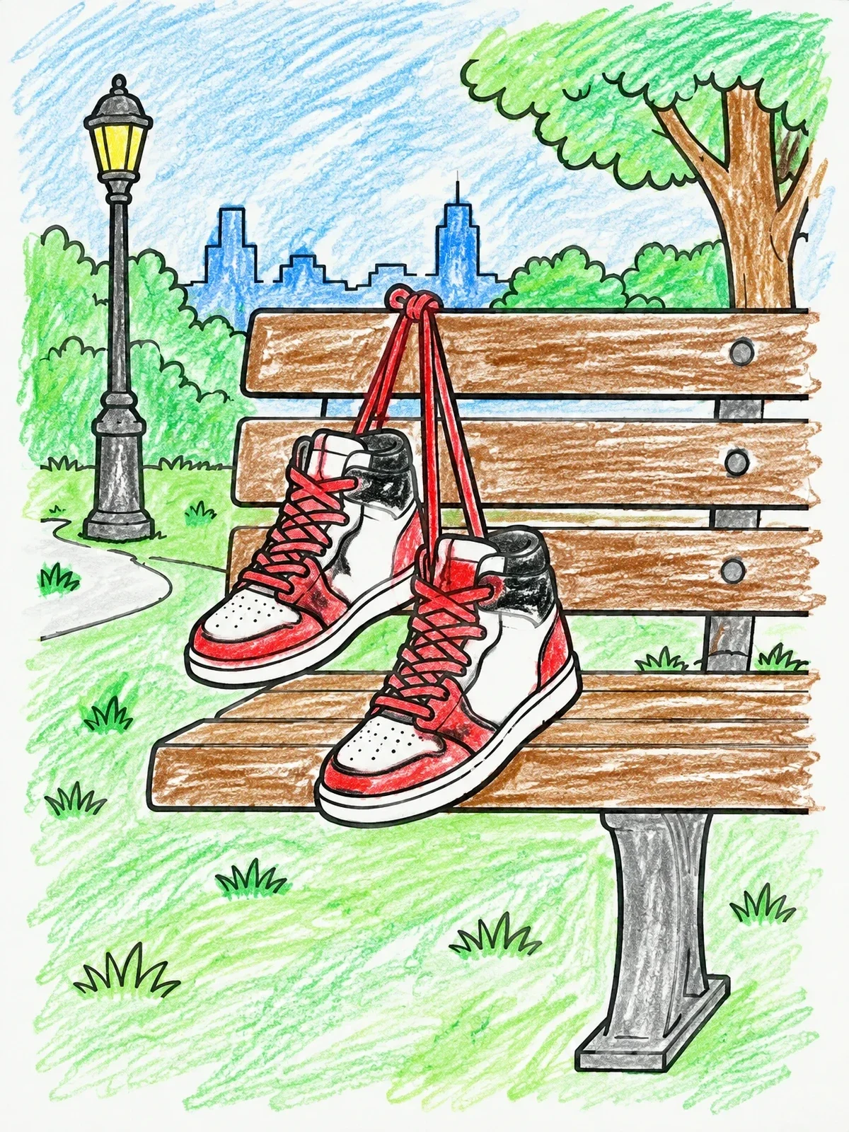 Colored example of the High Top Sneakers On Park Bench coloring page