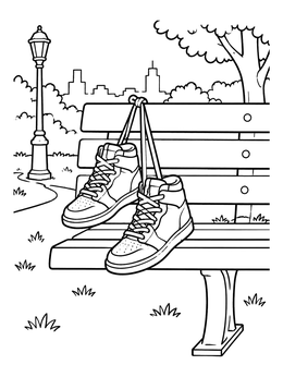 Free printable High Top Sneakers On Park Bench coloring page