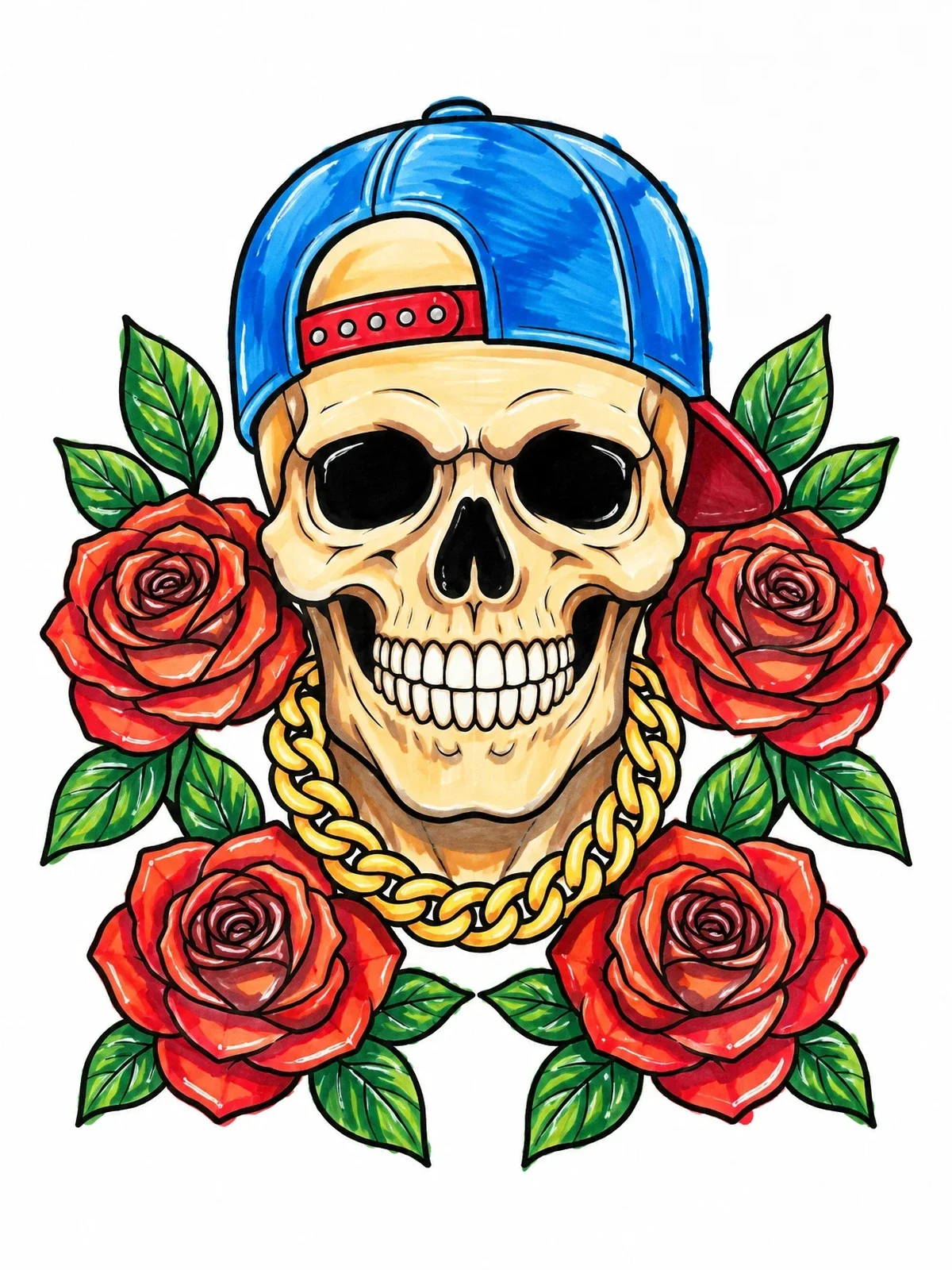 Colored example of the Hip Hop Skull With Roses coloring page