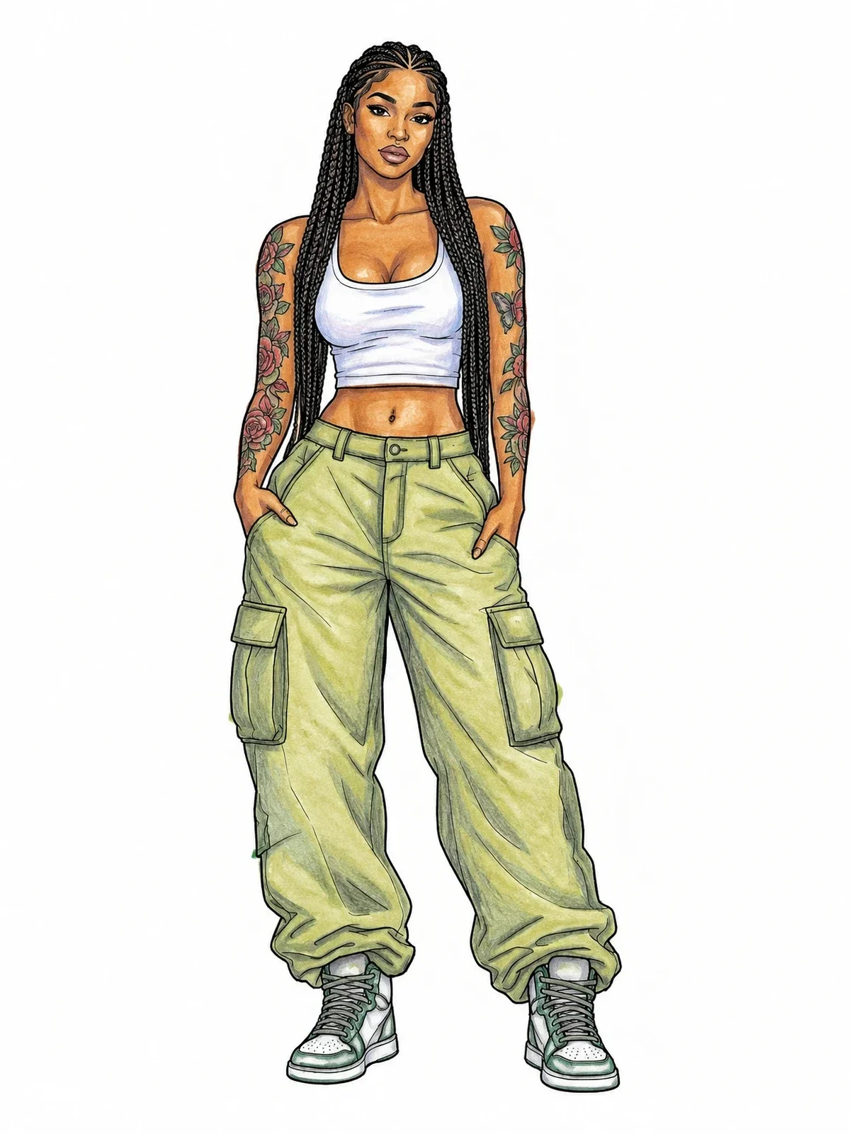 Colored example of the Hip Hop Streetwear Woman With Braids coloring page