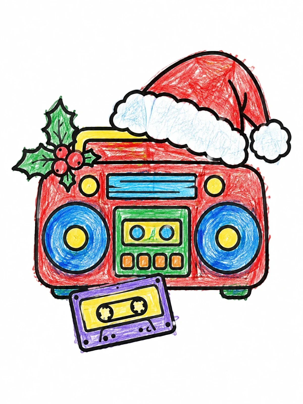 Colored example of the Holiday Boombox With Santa Hat coloring page