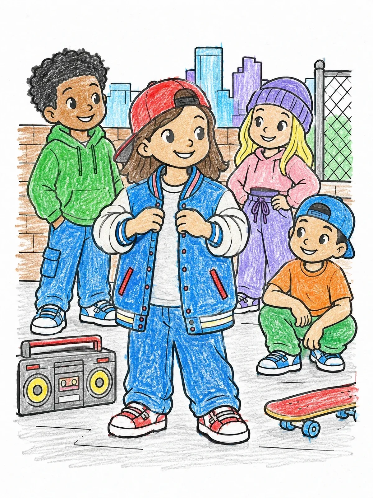 Colored example of the Cool Kids In Hip Hop Street Style coloring page