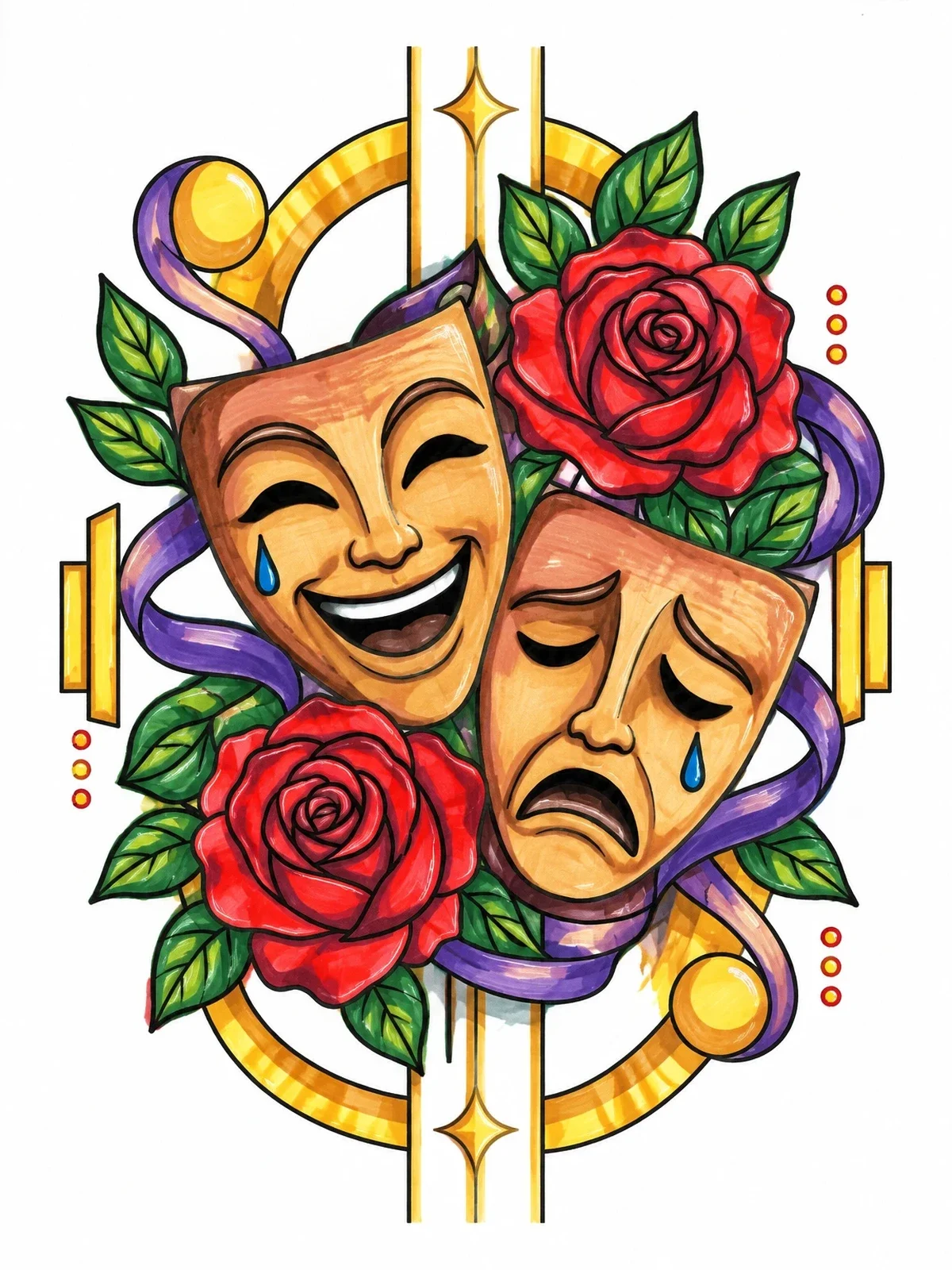 Colored example of the Laugh Now Cry Later Theatre Masks With Roses coloring page