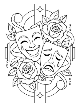 Free printable Laugh Now Cry Later Theatre Masks With Roses coloring page