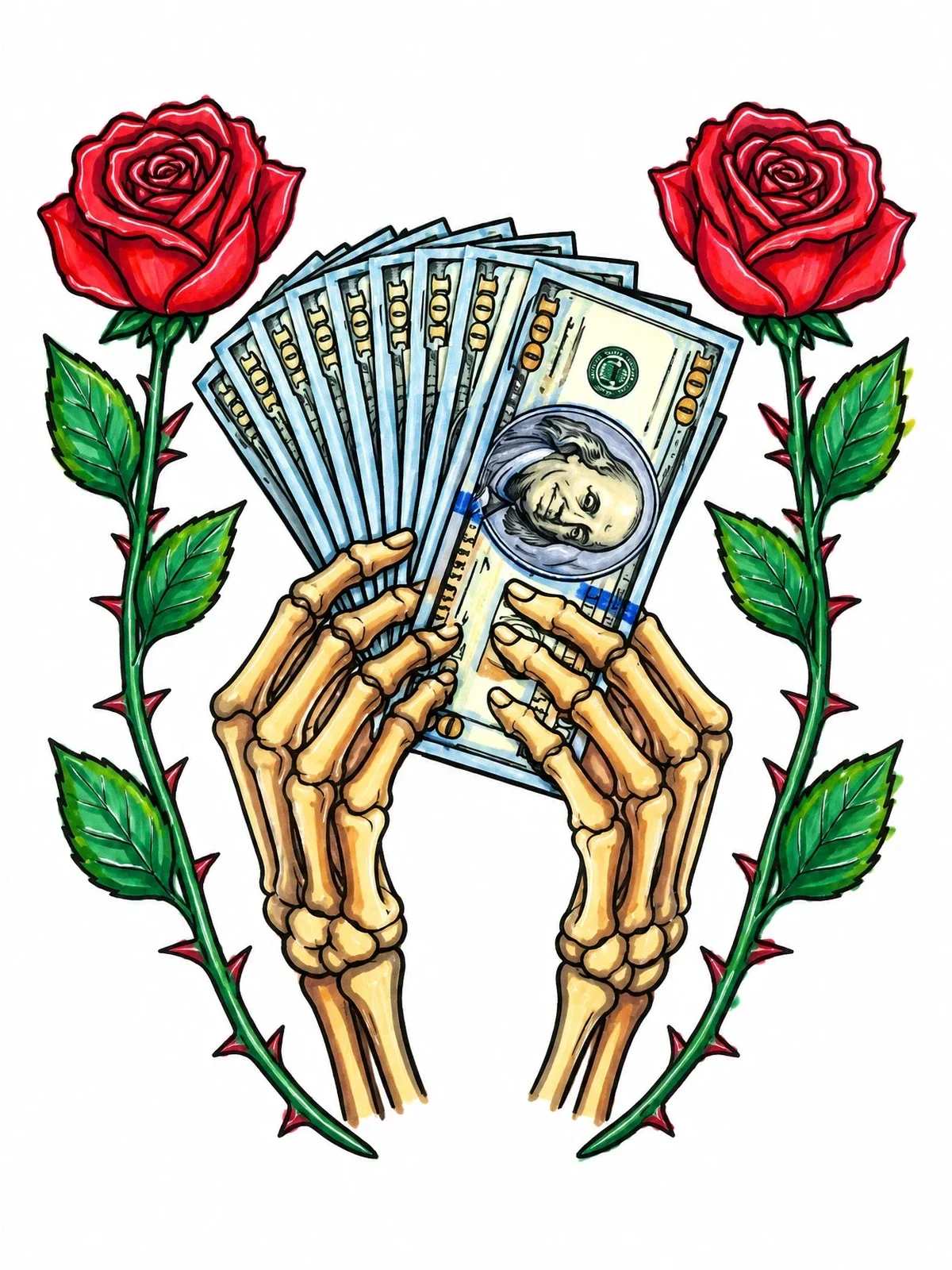 Colored example of the Skeleton Hands Holding Dollar Bills coloring page