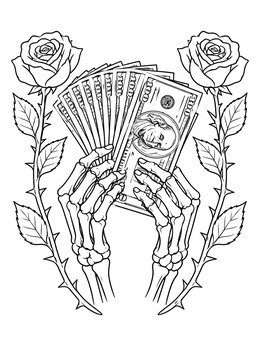 Free printable Skeleton Hands Holding Dollar Bills coloring page