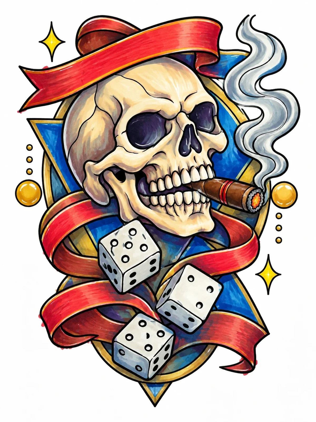 Colored example of the Smoking Skull With Tumbling Dice coloring page
