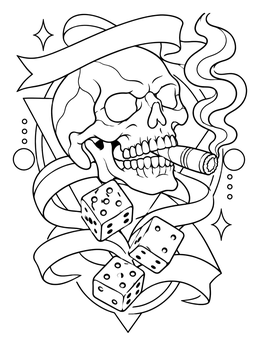 Free printable Smoking Skull With Tumbling Dice coloring page