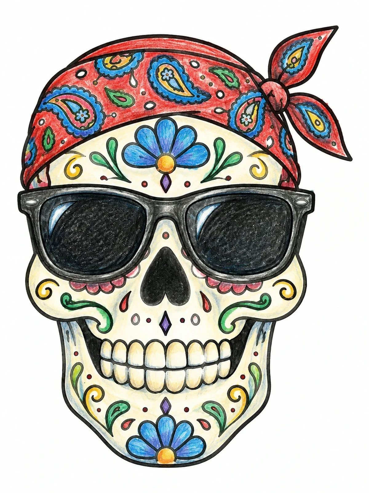 Colored example of the Cool Sugar Skull With Bandana coloring page