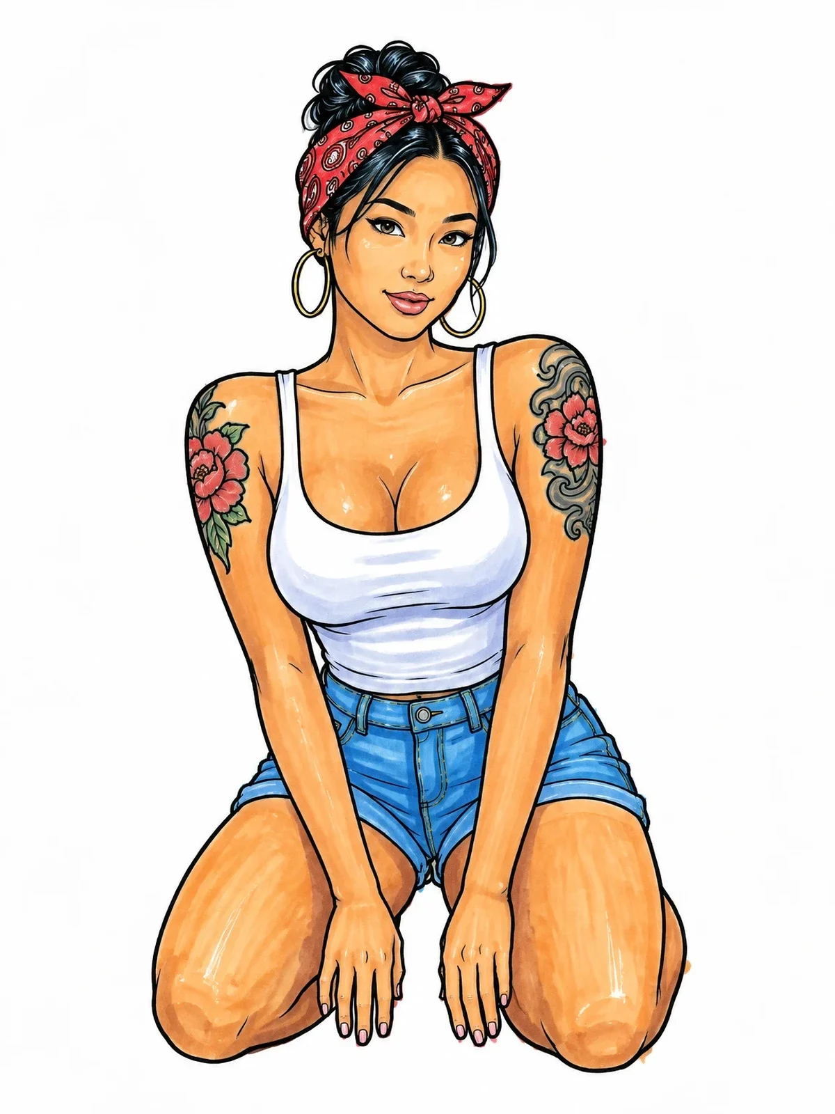 Colored example of the Urban Pin Up With Bandana And Tattoos coloring page