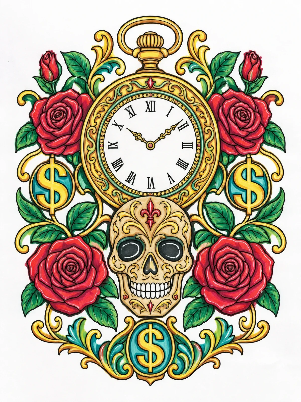 Colored example of the Vintage Pocket Watch And Skull coloring page