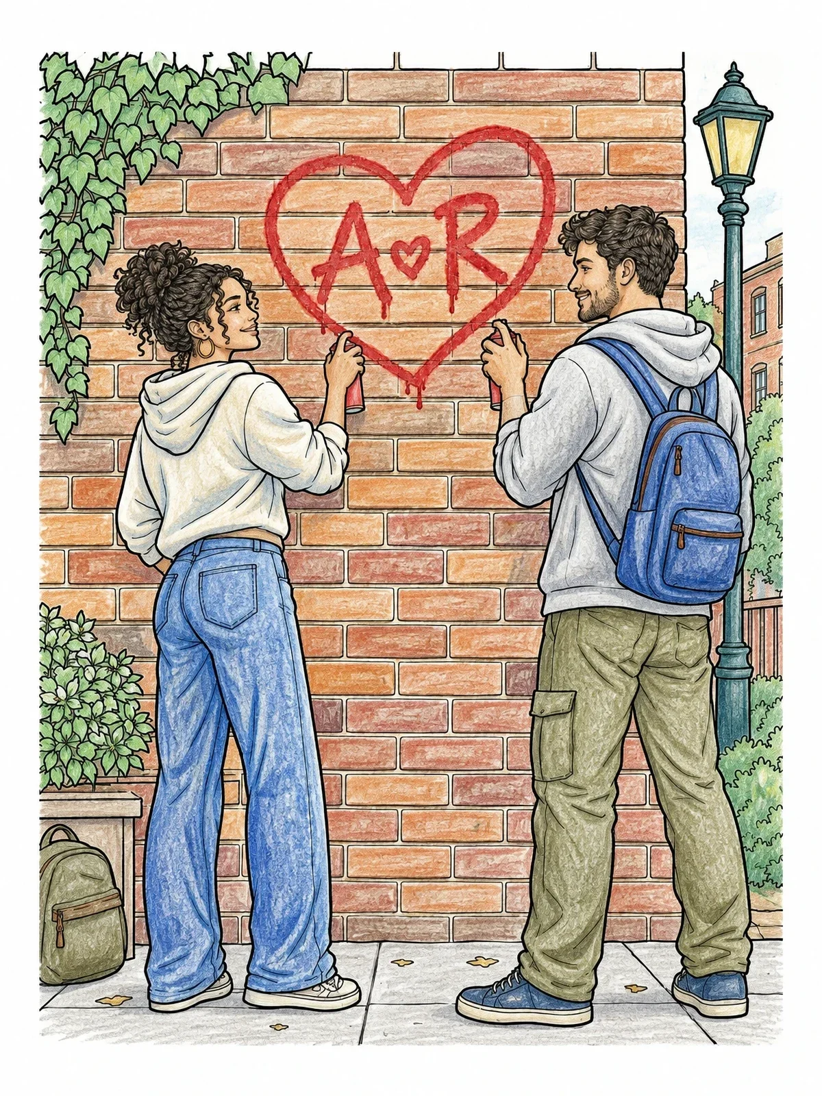 Colored example of the Sweethearts Spray Painting Brick Wall coloring page