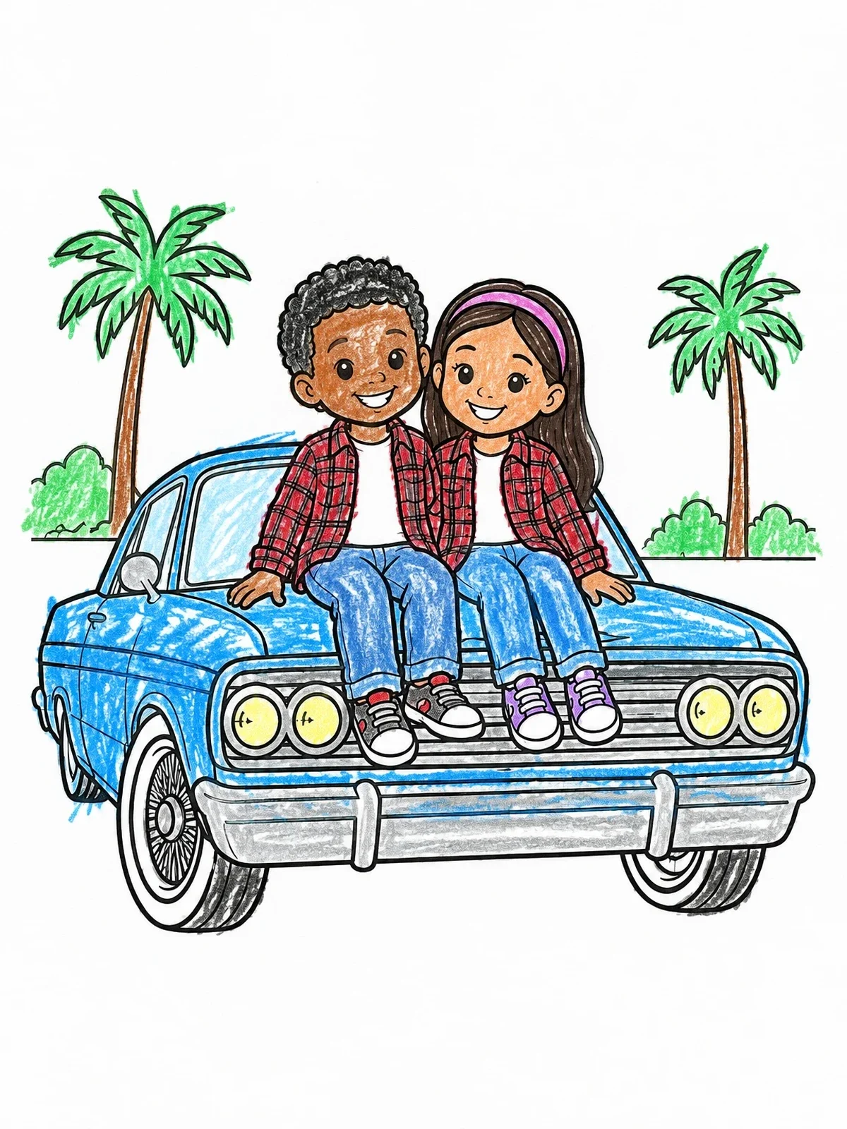 Colored example of the Cute Couple On Vintage Car coloring page