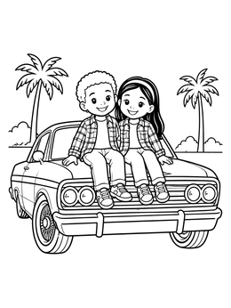 Free printable Cute Couple On Vintage Car coloring page