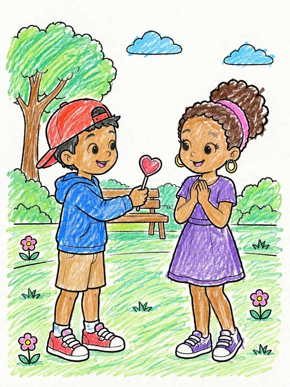 Colored example of the Sweet Park Scene With Kids coloring page