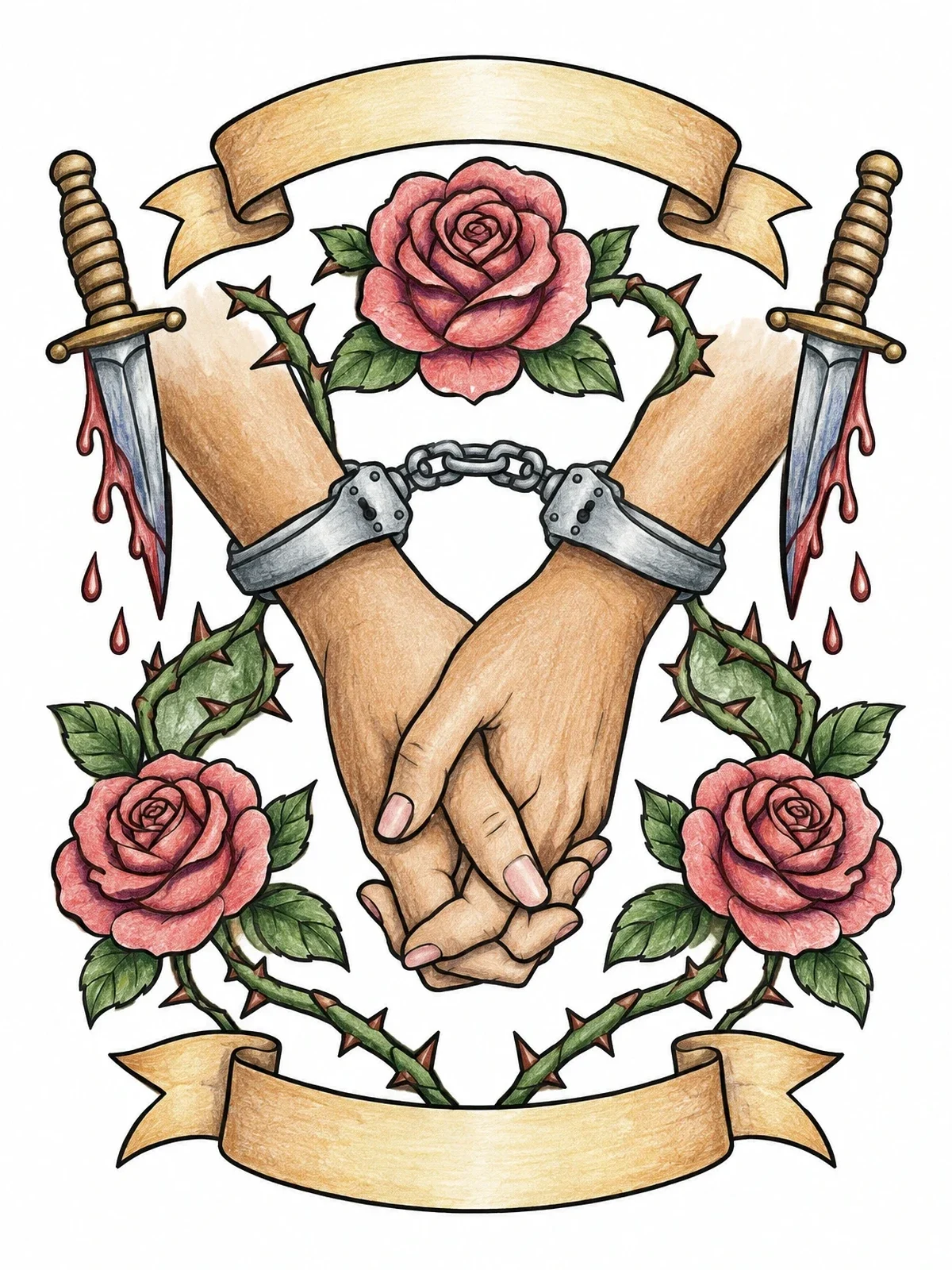Colored example of the Handcuffed Hands With Roses And Daggers coloring page