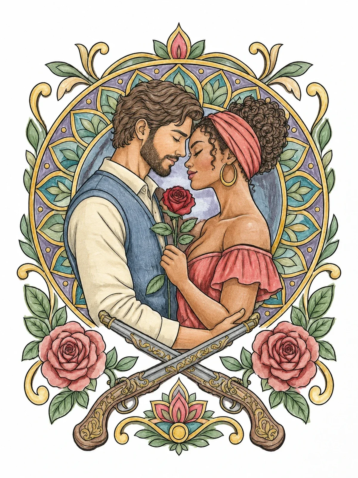 Colored example of the Romantic Couple With Vintage Pistols coloring page