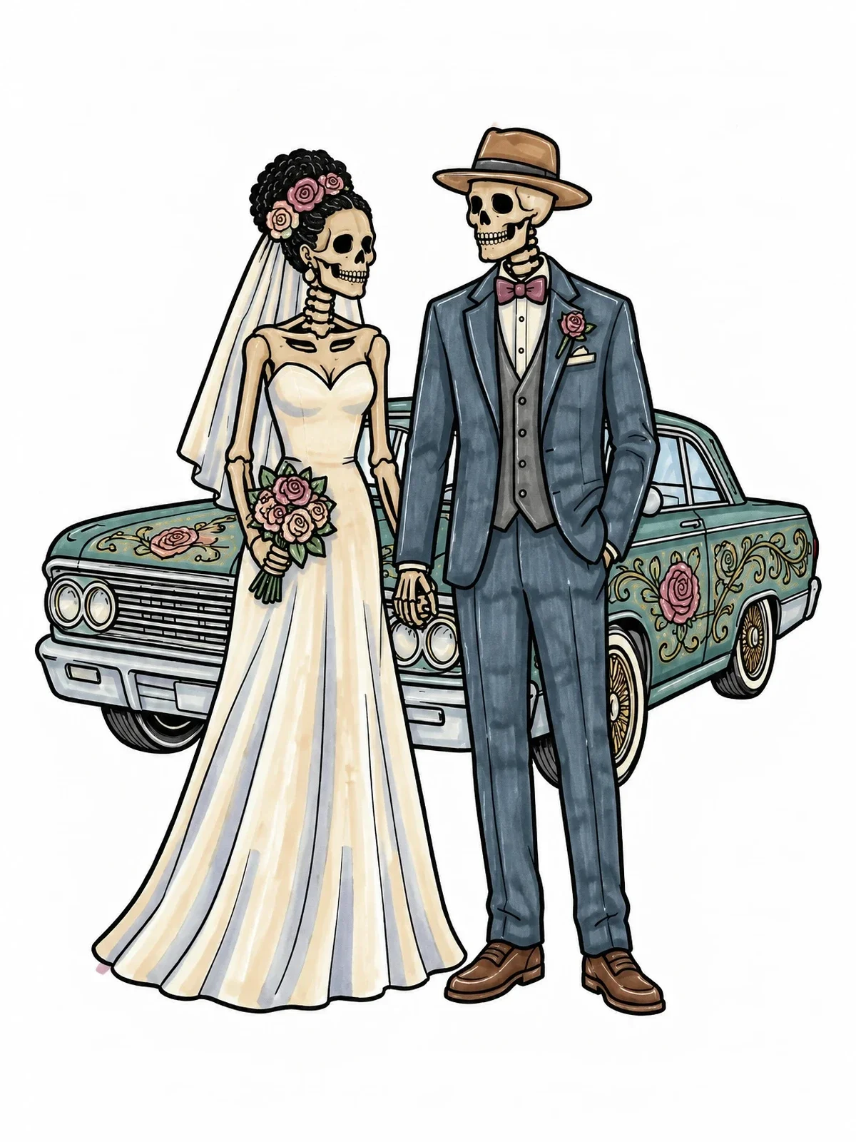 Colored example of the Skeleton Bride And Groom With Lowrider coloring page