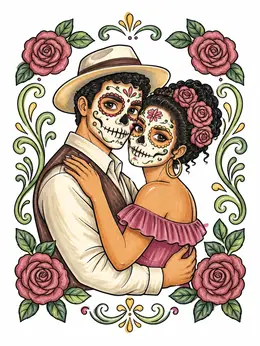 Coloring Sheets Roses Skuls Sugar Skull Couple In Rose Frame – Gangster Love Coloring Page