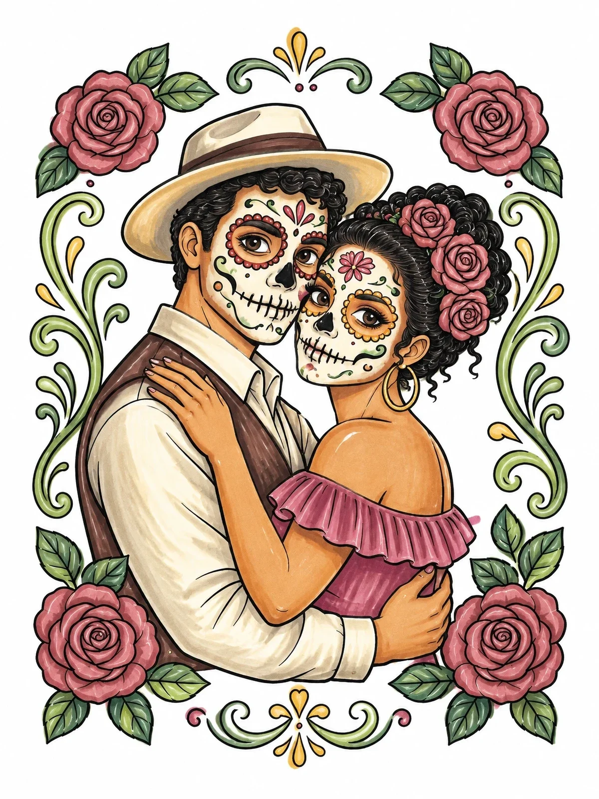 Colored example of the Sugar Skull Couple In Rose Frame coloring page