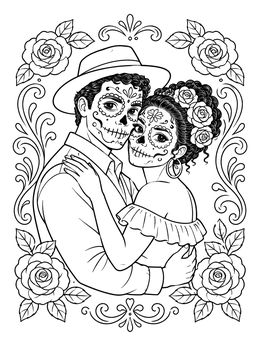 Free printable Sugar Skull Couple In Rose Frame coloring page