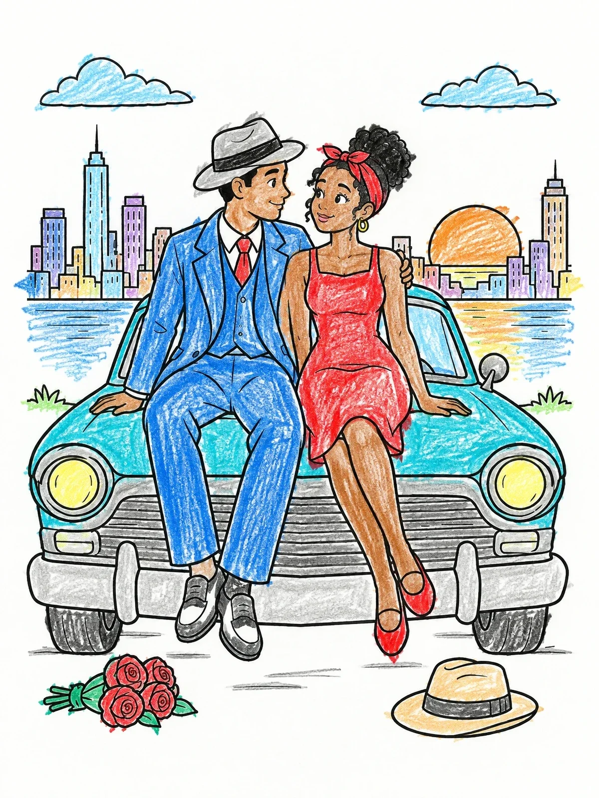 Colored example of the Vintage Couple On Classic Car coloring page
