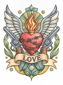 Revolres Winged Sacred Heart With Revolvers – Gangster Love Coloring Page