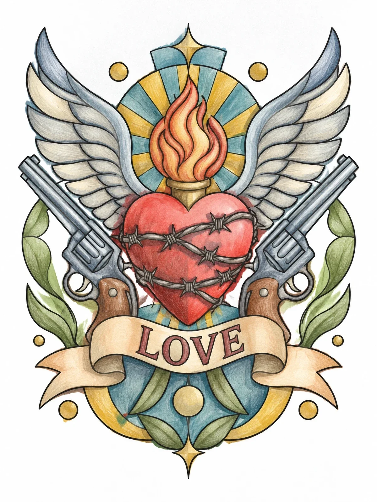 Colored example of the Winged Sacred Heart With Revolvers coloring page