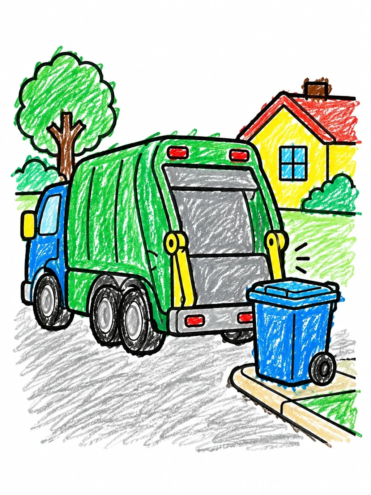 Colored example of the Garbage Truck By The Curb coloring page