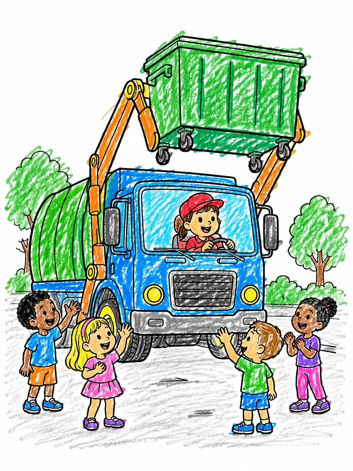Colored example of the Front Loader Garbage Truck And Cheering Kids coloring page