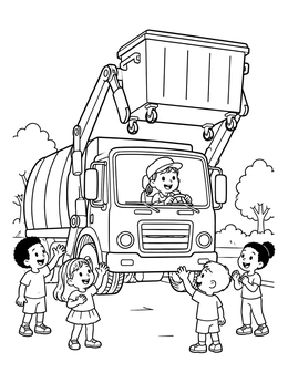 Free printable Front Loader Garbage Truck And Cheering Kids coloring page